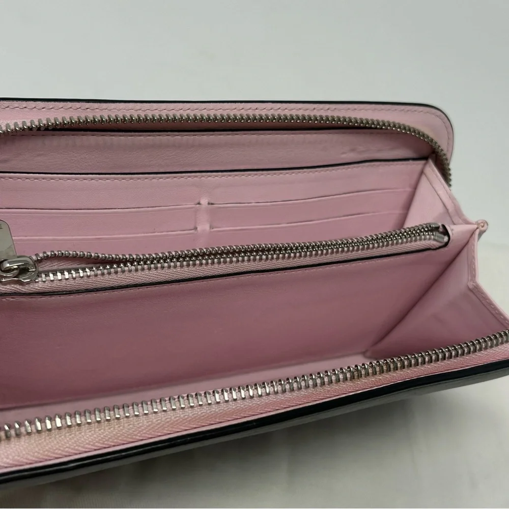 Dior Chevron Sequin Zip Around Long Wallet Black Leather Pink Interior Authentic